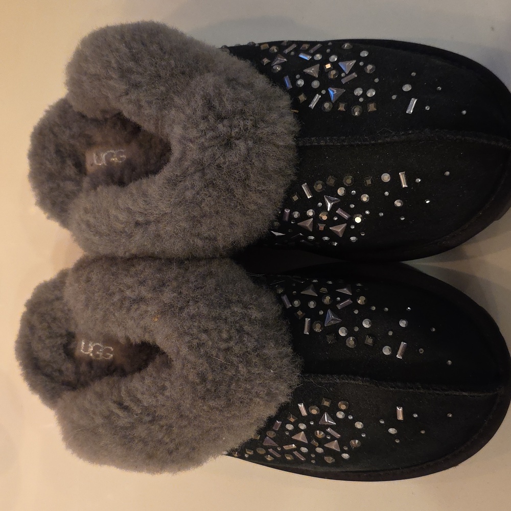 UGG Black Suede Slippers with Gray Shearling